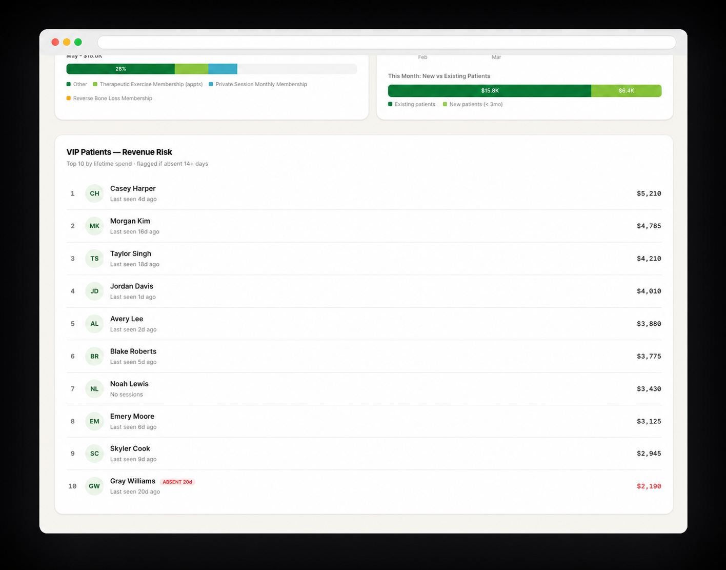 Retention and revenue-risk board built for Wholebody Systems